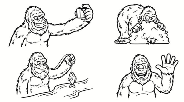Set of funny cartoon Bigfoot characters in different situations.