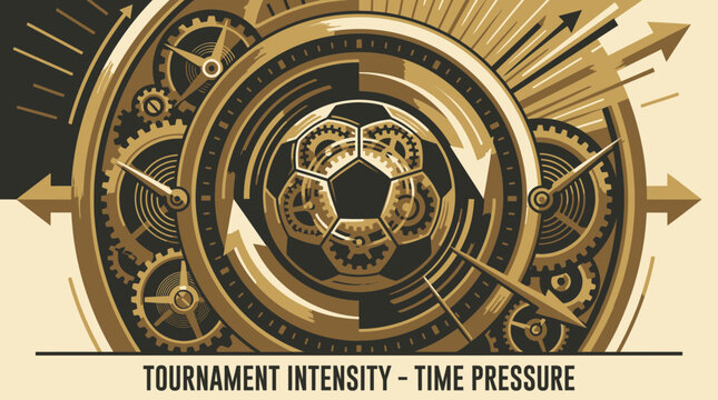 Gold tournament intensity, time pressure icons, gear clockwork symbols, metallic emblems, vector graphics