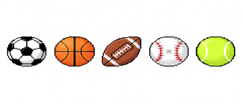 Pixel art sports balls vector set including soccer, basketball, american football, baseball, and tennis ball isolated on white background for 8-bit retro game asset asset
