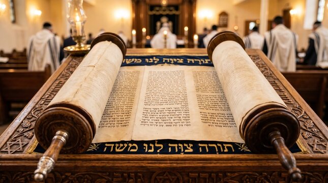 Shabbat Shuvah, A close-up of an open Torah scroll on a wooden Bimah, focusing on the intricate Hebrew calligraphy and the texture of the aged parchment