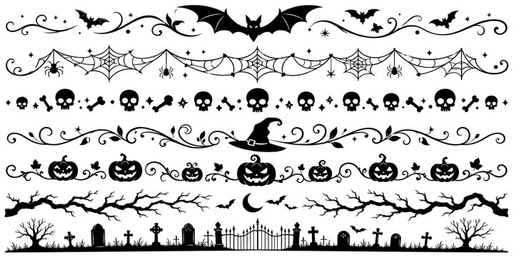 Halloween border silhouette collection with spooky bats, spider webs, skulls, witch hat, pumpkins, creepy tree branches and cemetery graveyard graveyard background dividers vector set.