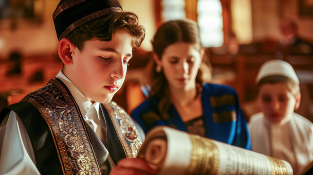 Young boy in traditional Jewish attire reading Torah during religious ceremony in synagogue, surrounded by family members observing the sacred ritual.