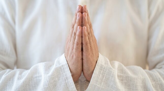 Paryushana Parva, folded hands in Anjali Mudra wearing pure white cotton fabric with visible fiber texture,