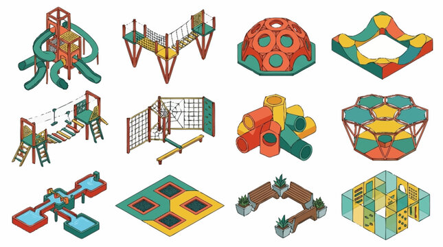 Collection of isometric playground equipment for children's entertainment and outdoor activities.
