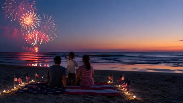 American Family Watching Fireworks on Beach at Sunset, Fourth of July Celebration|2026