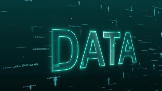 Data text animation with upward arrows. Data text digital network information flow. Data text technology connectivity graphic on black background.