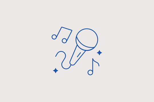 Vocal microphone with music notes line icon for karaoke bar, singing contest, recording vocal studio. Energetic vector illustration for audio party.