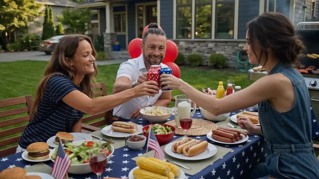 Friends Toasting with Drinks at Fourth of July BBQ Table &mdash; Patriotic Celebration with Burgers, Hot Dogs and American Flags