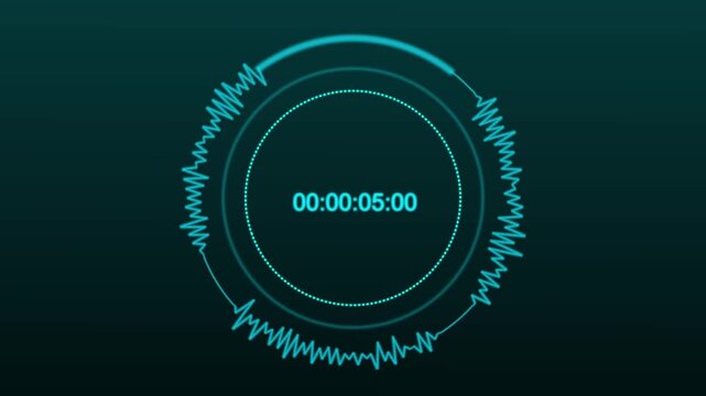 Audio waveform animation with digital timer. Audio waveform cyan sound visualizer. Audio waveform technology graphic on black background for music.