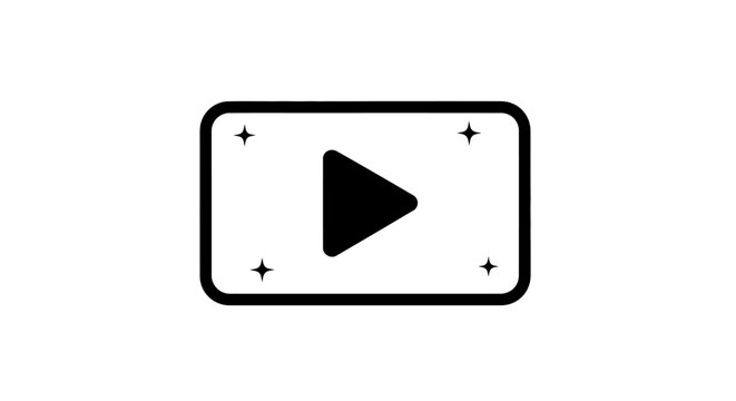 A simple black and white icon representing a digital video play button