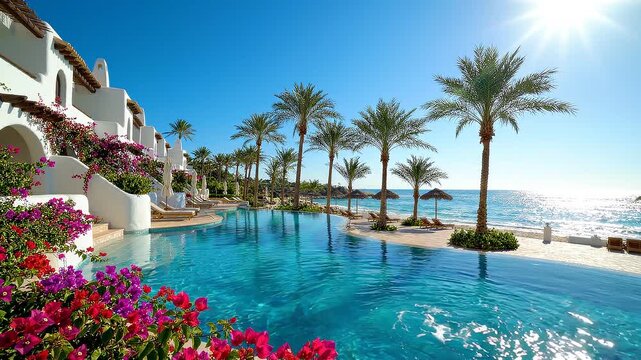 Breathtaking Resort Paradise: A Tranquil Oasis with Lush Palm Trees, Vibrant Flowers, and Crystal-Clear Water Under a Brilliant Sun, Perfect for Relaxation and Leisure