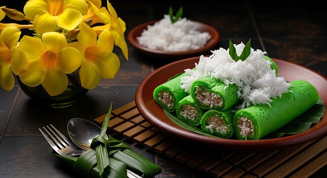 Traditional indonesian kue dadar gulung with grated coconut topping