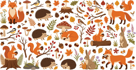 Fototapeta premium Cute Autumn Woodland Animal Clipart Vector Set Featuring Adorable Foxes, Hedgehogs, Squirrels, Rabbits, Wild Birds, Forest Mushrooms, Tree Stumps, and Falling Leaves