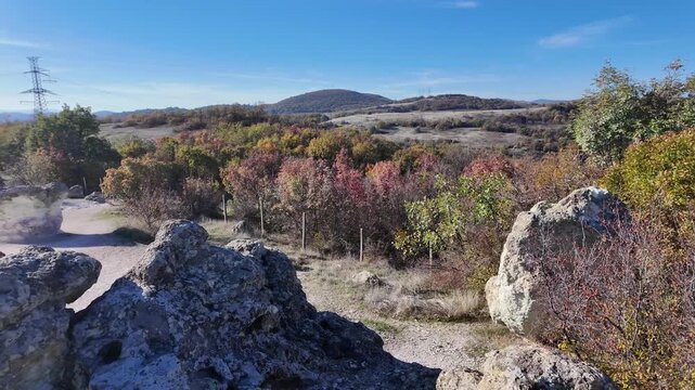 Landscape with Rock formation The Stone Mushrooms near Beli plast village, Kardzhali Region, Bulgaria