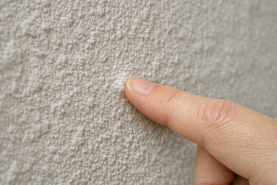 A person's finger is pointing at something on a wall, possibly indicating or identifying an important detail