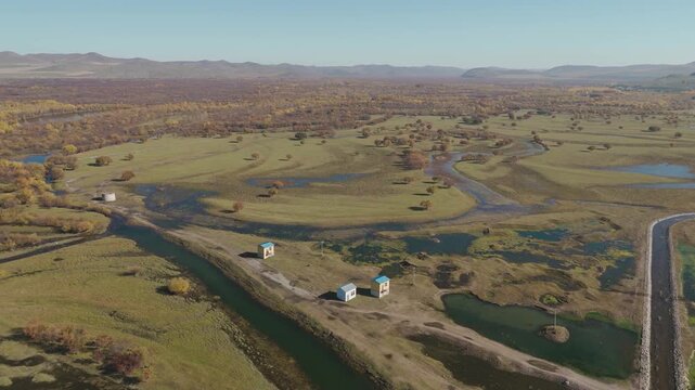 Self-driving aerial photography of the birch forest in Erenhot Wetland Park, Hulun Buir, Inner Mongolia in autumn