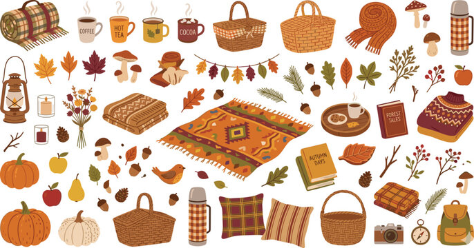 Cozy Autumn Picnic Vector Clipart Set Featuring Thanksgiving Pumpkins, Warm Blankets, Knit Sweaters, Thermos Flasks, Hot Drinks, Wicker Baskets, and Falling Leaves Elements