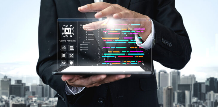 Businessman showcases a holographic interface displaying coding and data visualization concepts, embodying innovation and modern technology in an urban environment. Cyphers