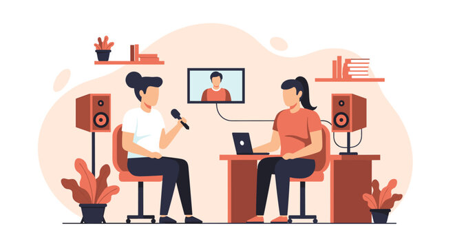 Journalist interviews professional athlete during remote video call session using microphone and laptop in studio setting.