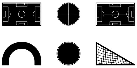 Soccer field marking elements collection with football pitch layouts, center circles, penalty areas, corner arcs and tactical diagram components © MSTROUJATOUS