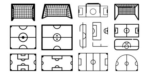 Soccer field marking elements collection with football pitch layouts, center circles, penalty areas, corner arcs and tactical diagram components © MSTROUJATOUS