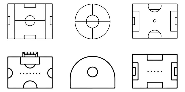 Soccer field marking elements collection with football pitch layouts, center circles, penalty areas, corner arcs and tactical diagram components