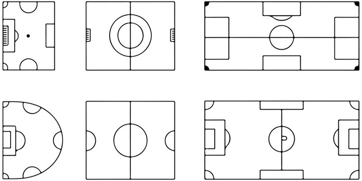 Soccer field marking elements collection with football pitch layouts, center circles, penalty areas, corner arcs and tactical diagram components