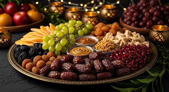 Assorted fruit and nut platter for ramadan iftar celebration