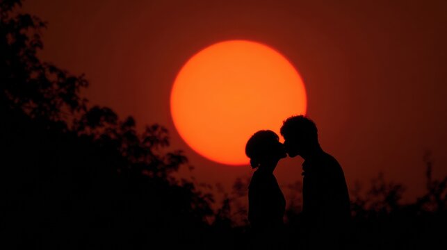 Couple sharing tender kiss under glowing sun. Intimate scene of two lovers in quiet natural refuge. Peaceful couple exchanging affection amidst cast shadowed trees and radiant orange sky