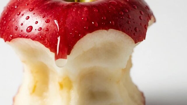 Close-up of bitten red apple with water droplets.