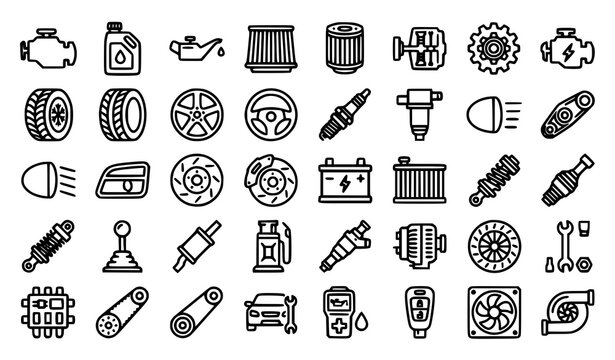 Car parts icon set with engine motor oil filters tires alloy wheels headlights and automotive service symbols vector illustration