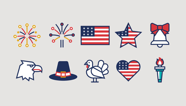 A collection of patriotic American holiday icons including fireworks, flags, an eagle, a turkey, a pilgrim hat, and a torch, presented in a clean, linear style.