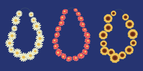 Daisy and Sunflower Floral Leis Vector Set. Hand Drawn Botanical Garland Necklaces. Daisy, Zinnia, Sunflower © VasilisaStArt