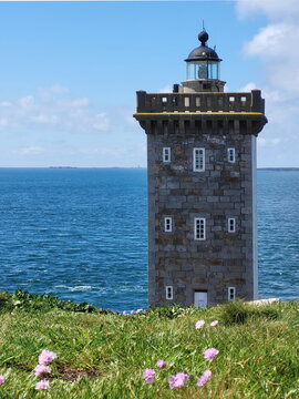 Der Kermorvan-Leuchtturm inmitten einer bl&uuml;henden K&uuml;stenlandschaft. Rosa Blumen und schroffe Felsen pr&auml;gen den Vordergrund vor dem blauen Atlantik unter sommerlichem Himmel.