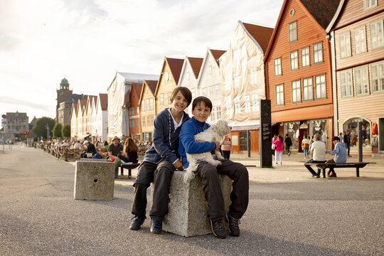 People, children enjoying the amazing views in Norway to fjords, mountains and other beautiful nature