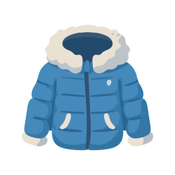 Blue winter puffer jacket with fur hood. Warm quilted down coat for cold weather. Flat vector illustration isolated on white background.
