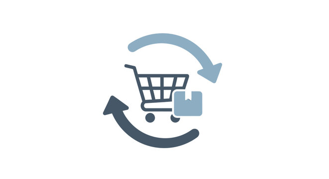 A minimalist icon showing a shopping cart with circular arrows for product returns