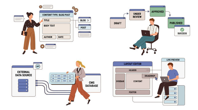 Content management system workflow illustration showing people interacting with digital databases and website layout editor tools