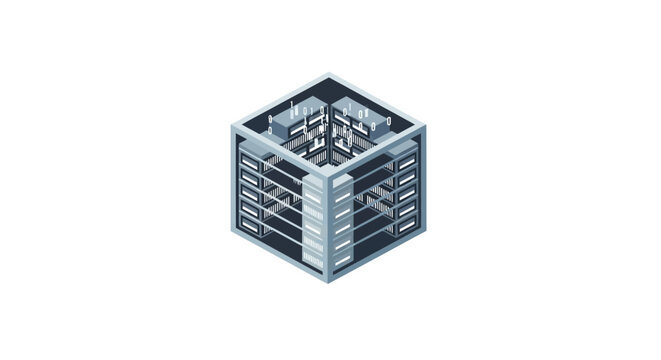 An isometric illustration of a digital server rack cube on a white background