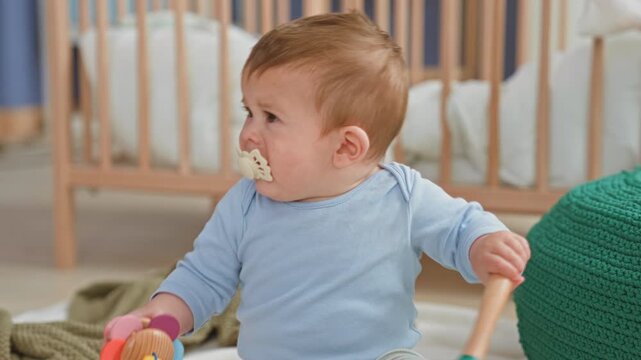 Toddler boy holding colorful rattle with pacifier in mouth crying inside a building; distress seeking comfort.