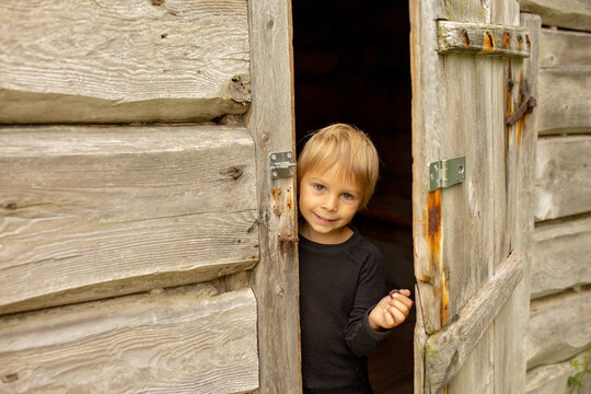 Amazing little wooden small house next to a waterfall on the dock of Hellesylt, child playing in the house