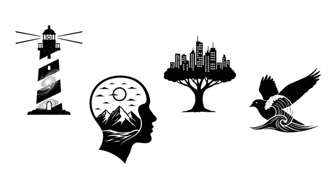 Abstract Symbols: Lighthouse, Mindscape, City Tree, Bird with Waves