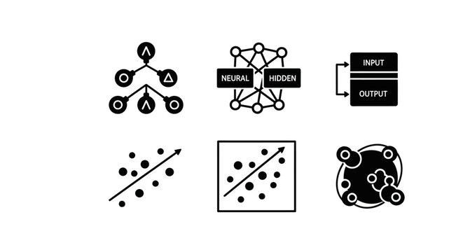 AI and Machine Learning Icons: Neural Network, Data Analysis, Algorithm
