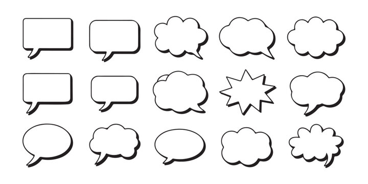 Graphic set of various comic speech bubbles with outline shadow and cloud shapes for message design.