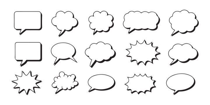 Hand drawn speech bubbles with shadow effect for comics and chat boxes on transparent gray background.
