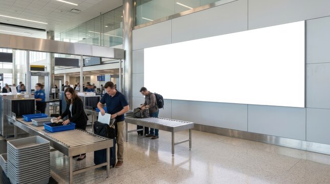 Blank white horizontal billboard mockup at airport security checkpoint area with blurred passengers.