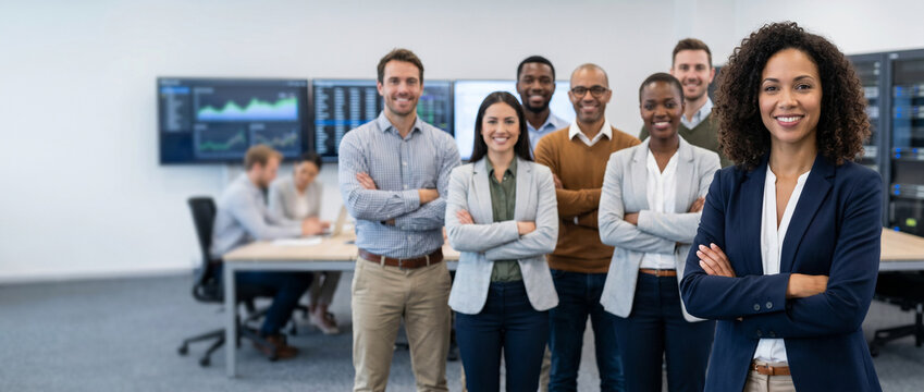 Diverse cloud technology professionals in modern enterprise office, led by confident female cloud engineer, standing together with digital infrastructure displays and collaborative workspaces.