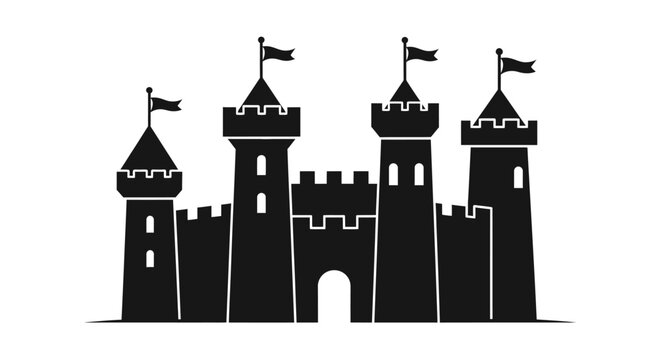Black Silhouette of a Medieval Castle with Flags on Towers