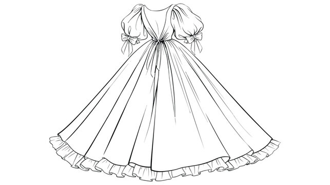 Dress elegant illustration with puffy sleeves and ruffled hem in black and white