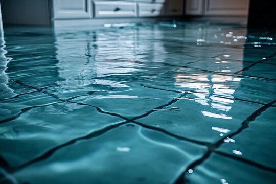 Capturing the aftermath: Close-up of water damage in a flooded kitchen from a leaking dishwasher or sink.